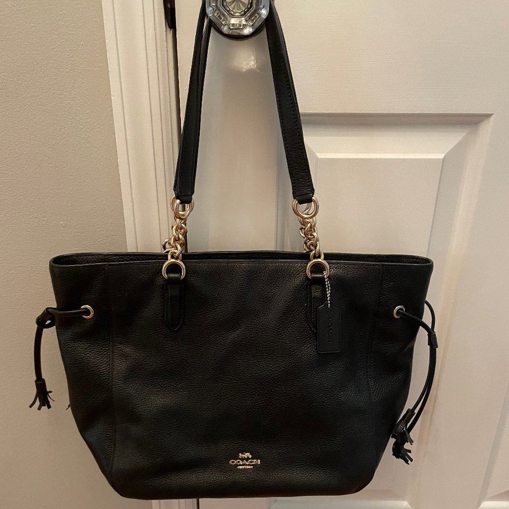 Coach Black Pebble Leather Chain Tote